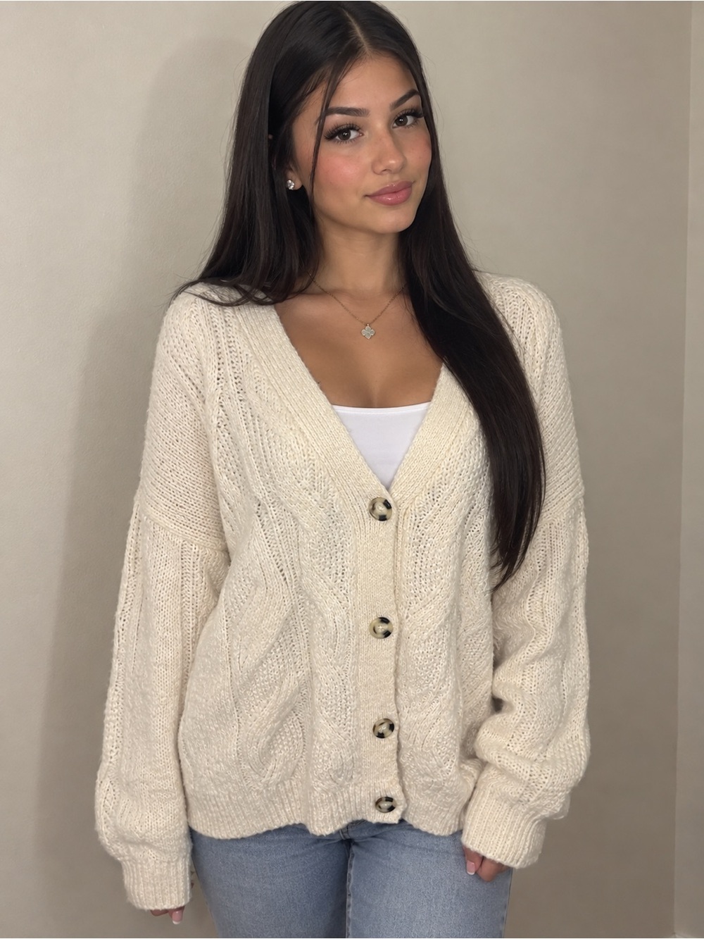 a new day Cream Cable Knit Button Cardigan